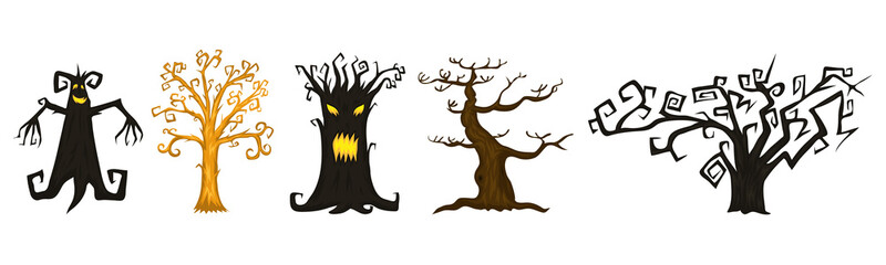 Halloween trees, creepy or scary and frightening branches. fabulous mythical or fantastic monsters. wooden creatures in the forest.