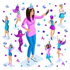 Isometry of a large girl against the background of small teenagers, a generation of Z, bright colors of clothes and hair, colorful, rainbow, unicorns, cake part9