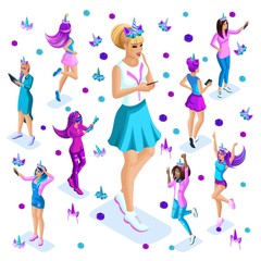 Isometry of a large girl against the background of small teenagers, a generation of Z, bright colors of clothes and hair, colorful, rainbow, unicorns, cake part8