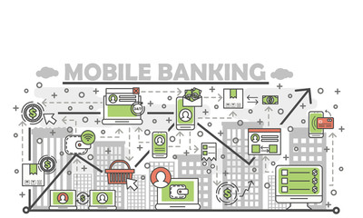 Vector thin line art mobile banking poster banner