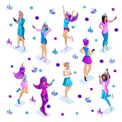 Isometrics girls, teenagers, generation Z, bright colors of clothes and hair, colorful, rainbow, accessories of unicorns, cake, party, bright background