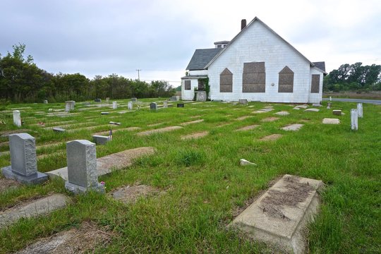 John Wesley United Methodist Church and graveyard on Deal Island, Maryland. The church was once a cornerstone of the African American community on the island.