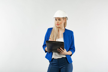 Worker contractor woman on white background. The foreman builder accepting or controling the work
