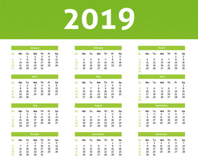 2019 year calendar with English month, ligh green halftone style with white backround, week starts with Sunday, nice minimalist design