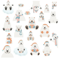 Cute polar bear sticker set. Elements for christmas holiday greeting card, poster design