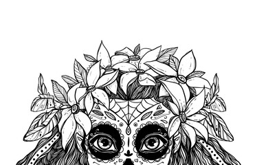 The beautiful portrait of a woman with big eyes and wearing a wreath. The girl in a costume to Day of the Dead. Can be used for tattoo ideas, covers, printing, coloring.