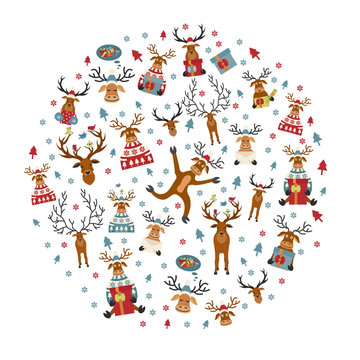 Cute reindeer sticker icon set. Round design. Elements for christmas holiday greeting card, poster
