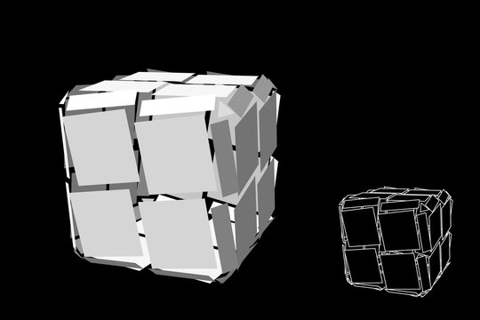 Abstract polygonal broken cube. Isolated on black background. Vector illustration.