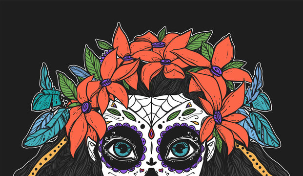 The beautiful portrait of a woman with big eyes and wearing a wreath. The girl in a costume to Day of the Dead. Can be used for tattoo ideas, covers, printing.