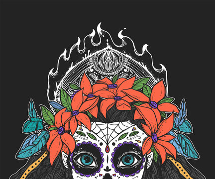 The beautiful portrait of a woman with big eyes and wearing a wreath. The girl in a costume to Day of the Dead. Can be used for tattoo ideas, covers, printing.