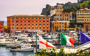 italian european genoa flags background italian riviera village Santa Margherita Ligure