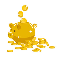 Gold piggy Bank and coins