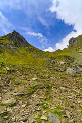 Landscape with rocky mountain peaks in summertime