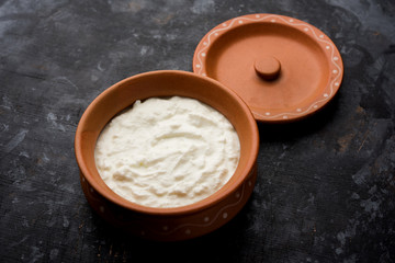 Plain curd or yogurt or Dahi in Hindi, served in a bowl over moody background. Selective focus