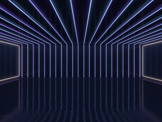 Background of an empty room with walls and neon light. Neon rays and glow. 3D