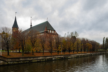 Naklejka premium Autumn landscape. The roof of the cathedral rises above the canopy of trees.