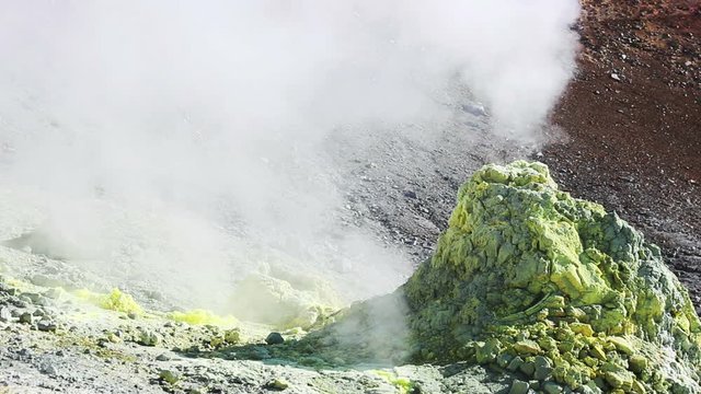 Volcanic activity, sulfur fumarole and hot gas on the slope of Ebeko volcano, Northern Kuriles, Paramushir Island