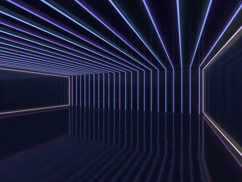 Background of an empty room with walls and neon light. Neon rays and glow. 3D