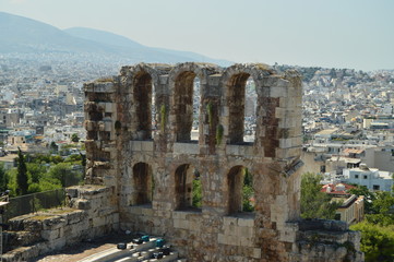 Fototapeta na wymiar Theater Of Dionysus Under The Acropolis Of Athens. Architecture, History, Travel, Landscapes. July 9, 2018. Athens Greece.