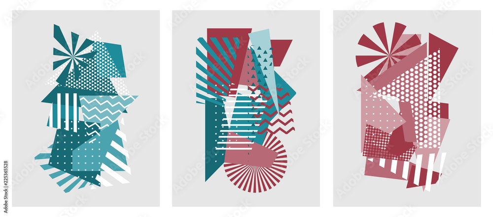 Poster colorful trendy geometric flat elements of pattern memphis. pop art style texture. modern abstract d