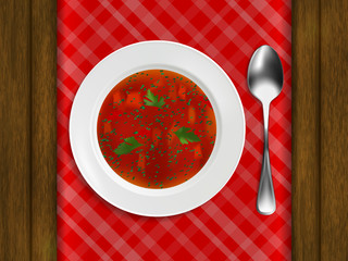 White porcelain plate with red soup and parsley, spoon on wooden table and checkered tablecloth. Realistic style. Vector illustration.
