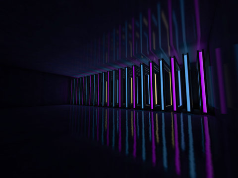 Background of an empty room with walls and neon light. Neon rays and glow. 3D © polesnoy