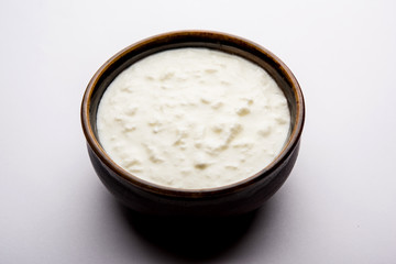 Plain curd or yogurt or Dahi in Hindi, served in a bowl over moody background. Selective focus