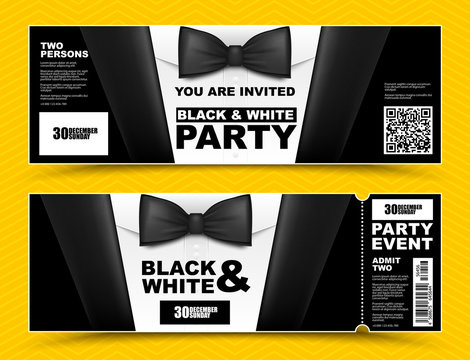 Vector horizontal black and white event invitations. Black bow tie businessmen banners. Elegant party ticket card with black suit and white shirt.