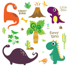 Dinosaur footprint, Volcano, Palm tree and other design elements - 225367368