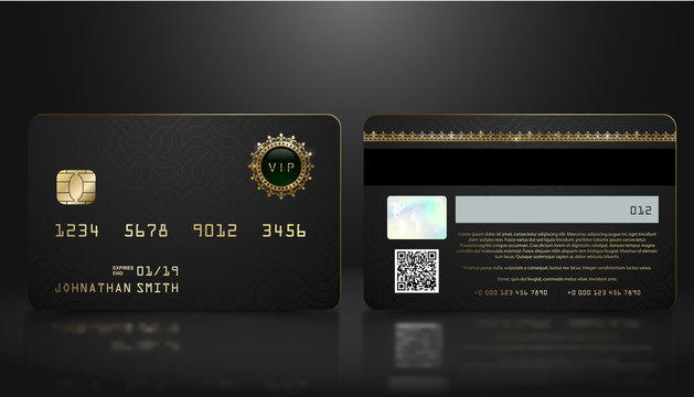 Vector realistic black credit card with abstract geometric background. Golden element credit card dark design template. Bank presentation with hologram, qr-code and magnetic strip.