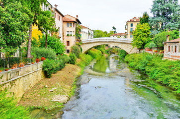 View of the historic area along the Bacchiglione River in Vicenza, Italy.