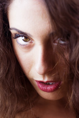 Face of beautiful woman on white background