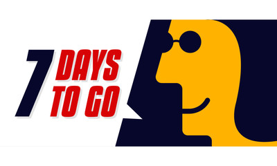 Vector typographic design of 7. Vector illustration of no of days left to go badges with speech bubble. Woman saying seven days to go.