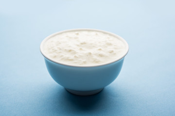Plain curd or yogurt or Dahi in Hindi, served in a bowl over moody background. Selective focus