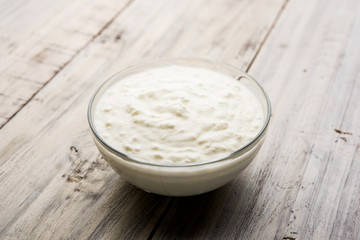 Plain curd or yogurt or Dahi in Hindi, served in a bowl over moody background. Selective focus