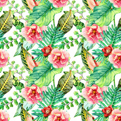 Fototapeta premium Hand drawn watercolor seamless pattern with tropical leaves 