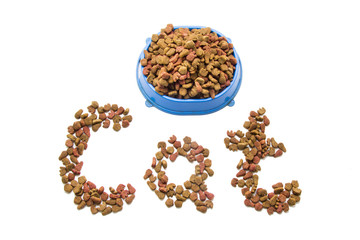 Cat and dog food on white background
