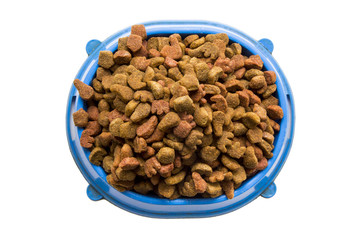 Cat and dog food on white background