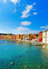 View of beautiful coastline in summer at the Bay of Silence in Sestri Levante, Italy.