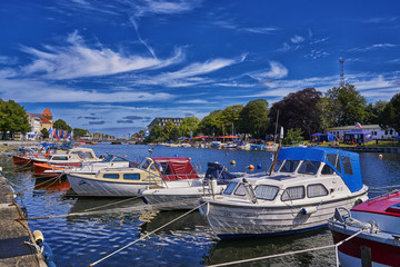 Powerboats moored in the harbor in Mecklenburg-Vorpommern on the Baltic Sea. Germany