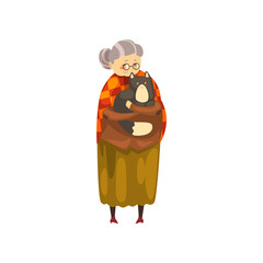 Cute granny holding her black cat on her hands, lonely old lady hugging her animal pet vector Illustration on a white background