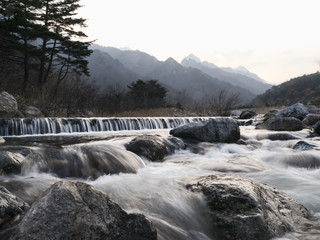 Fototapeta na wymiar Mountain river. Water on river rapids. Photo on exposure