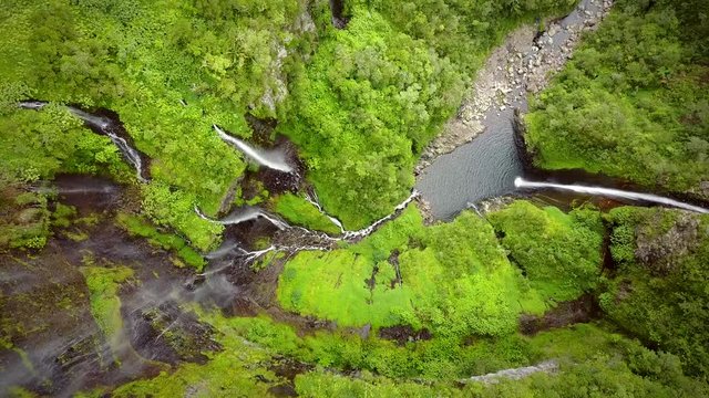 Aerial view of voile de la Mariee waterfall, Reunion island.