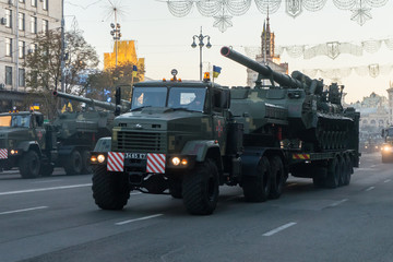 KYIV, UKRAINE - AUGUST 22, 2018: Military equipment and weapons at the evening rehearsal of the parade in honor of Independence Day