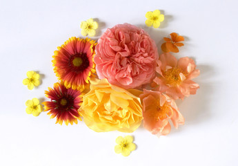 Feminine floral composition. Bouquet of wild and garden flowers . Flat lay, top view.
