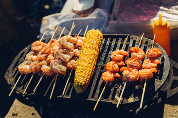 Shrimp and corn grilled in a street cafe.