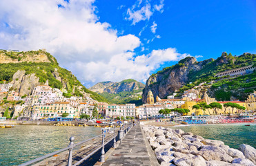 Fototapeta na wymiar View of Amalfi village along Amalfi Coast in Italy in summer.