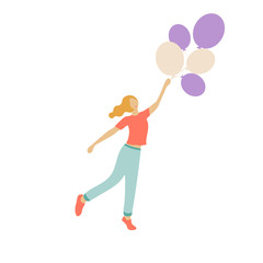 Fototapeta na wymiar Vector illustration. Woman character standing in a modern flat style with balloons