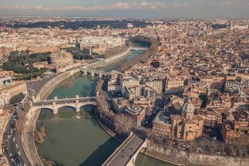Cityscape of Rome, aerial view. Saint Angelo castle, bridges and Tiber river
