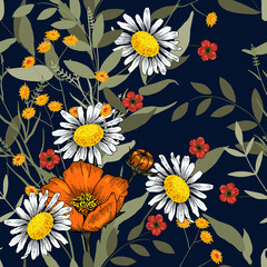 Blooming realistic isolated jungle plants, palm. Hand drawn bright illustration. Tropical vector seamless flower and leaves pattern. Exotic background. Wallpaper.